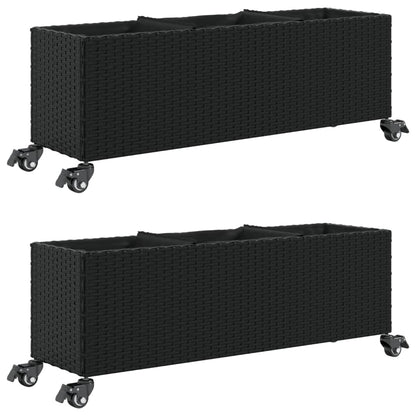 Fioriere da Giardino con Ruote 2pz Nere 107x32x38 cm Polyrattan