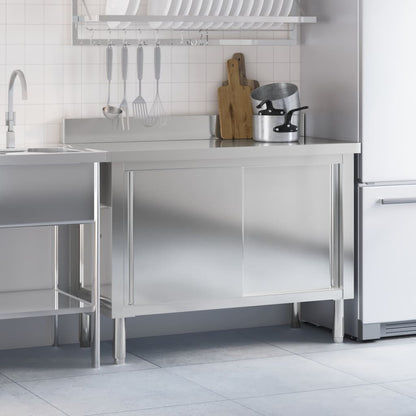 Tavolo da Lavoro per Cucina con Ante Scorrevoli in Acciaio Inox
