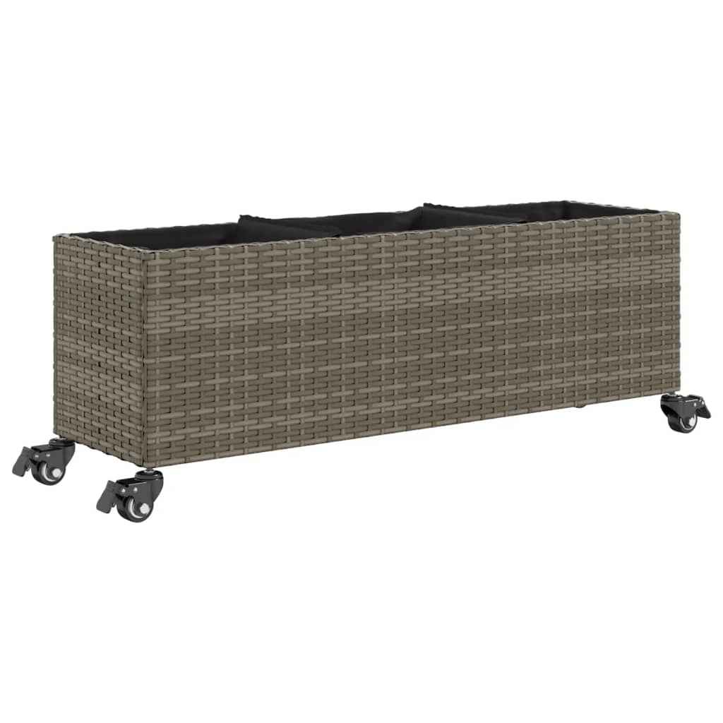 Fioriera con Ruote e 3 Vasi Grigia 107x32x38 cm in Polyrattan