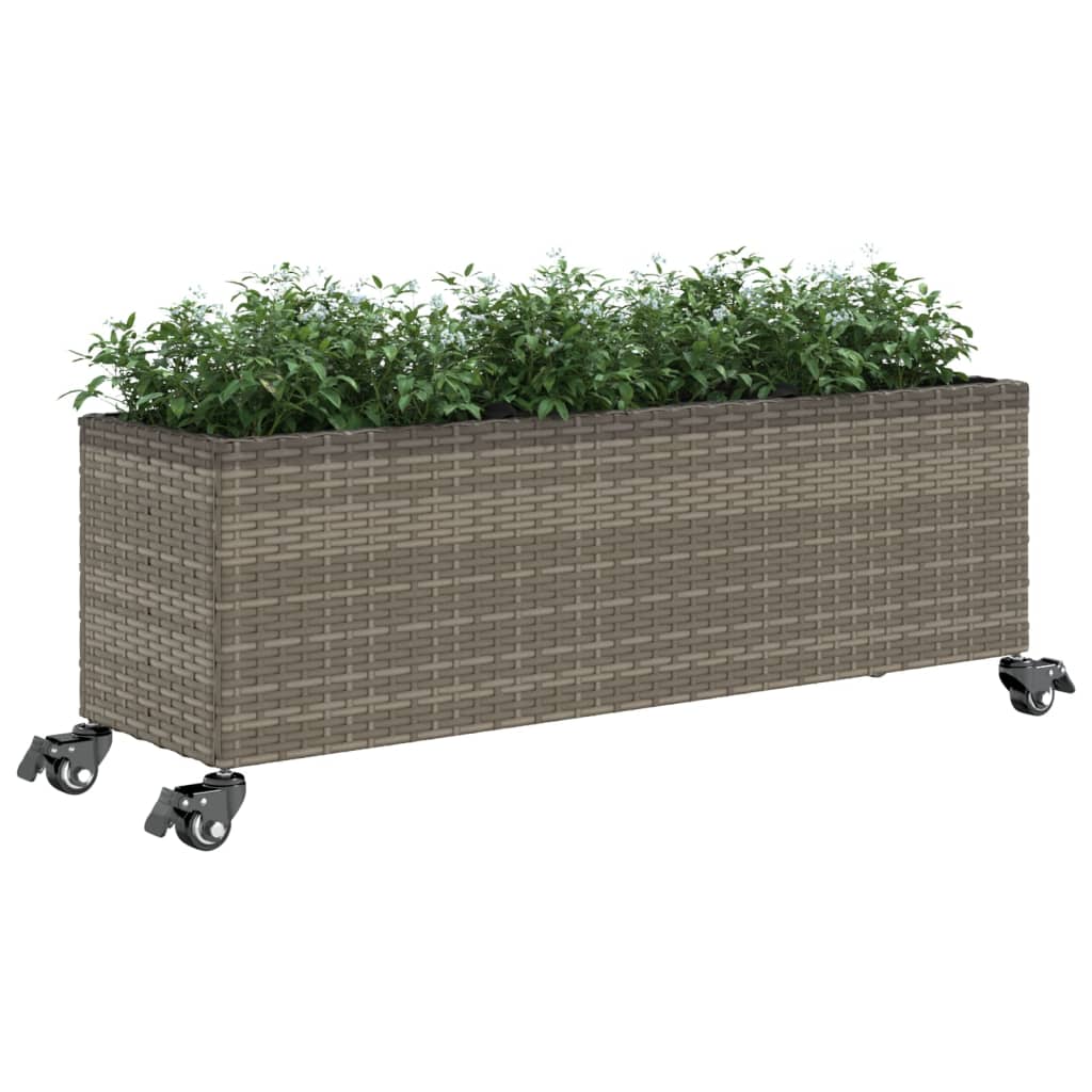 Fioriera con Ruote e 3 Vasi Grigia 107x32x38 cm in Polyrattan