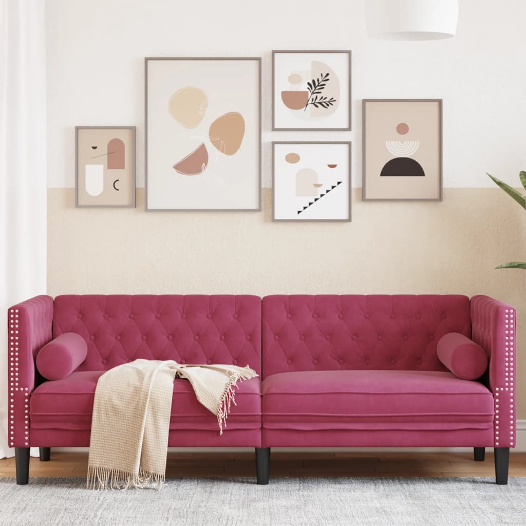 Divano Chesterfield con Rinforzi 3 Posti Rosso Vino in Velluto