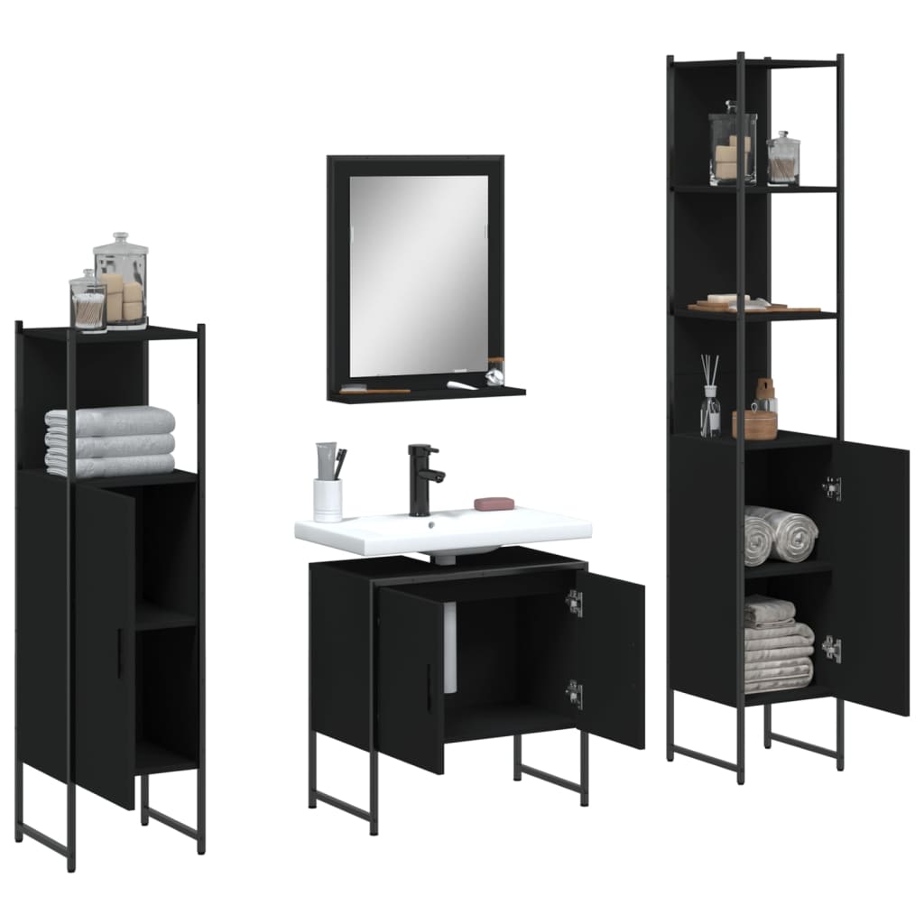 Set Mobili da Bagno 4 pz Nero in Legno Multistrato
