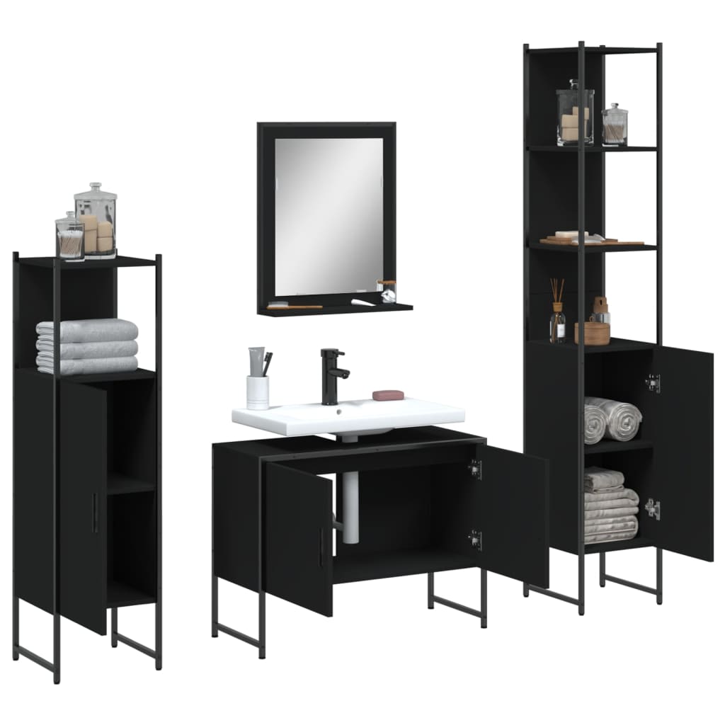 Set Mobili da Bagno 4 pz Nero in Legno Multistrato