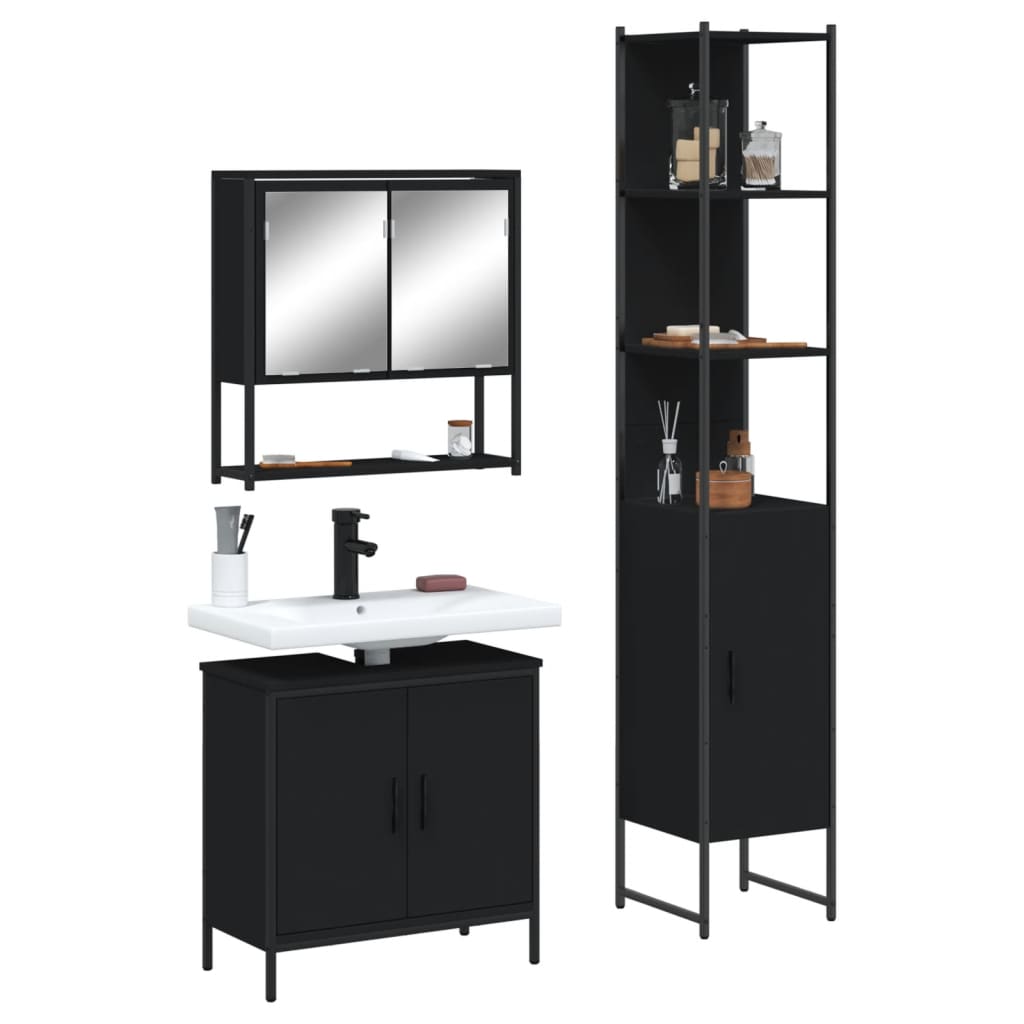 Set Mobili da Bagno 3 pz Nero in Legno Multistrato