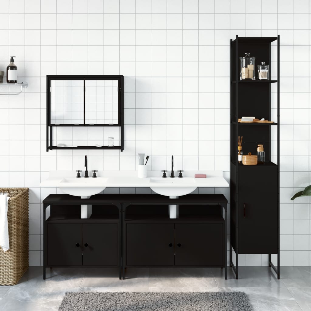 Set Mobili da Bagno 4 pz Nero in Legno Multistrato