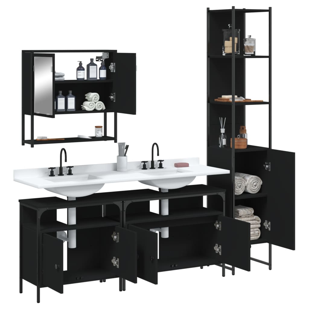 Set Mobili da Bagno 4 pz Nero in Legno Multistrato