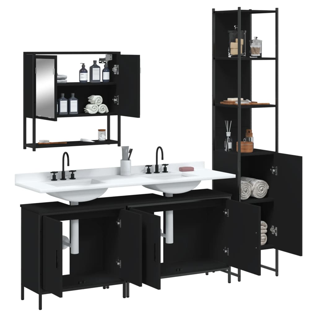 Set Mobili da Bagno 4 pz Nero in Legno Multistrato