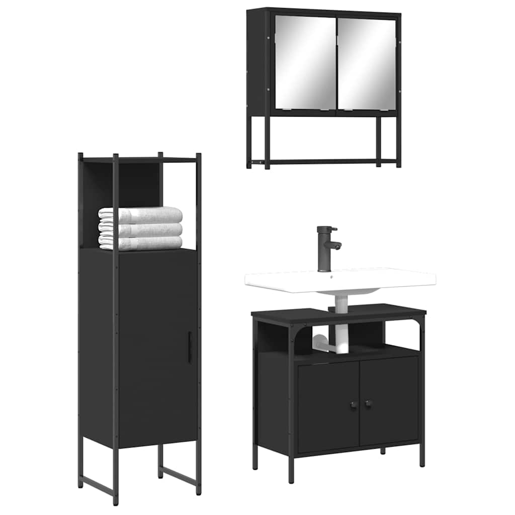 Set Mobili da Bagno 3 pz Nero in Legno Multistrato
