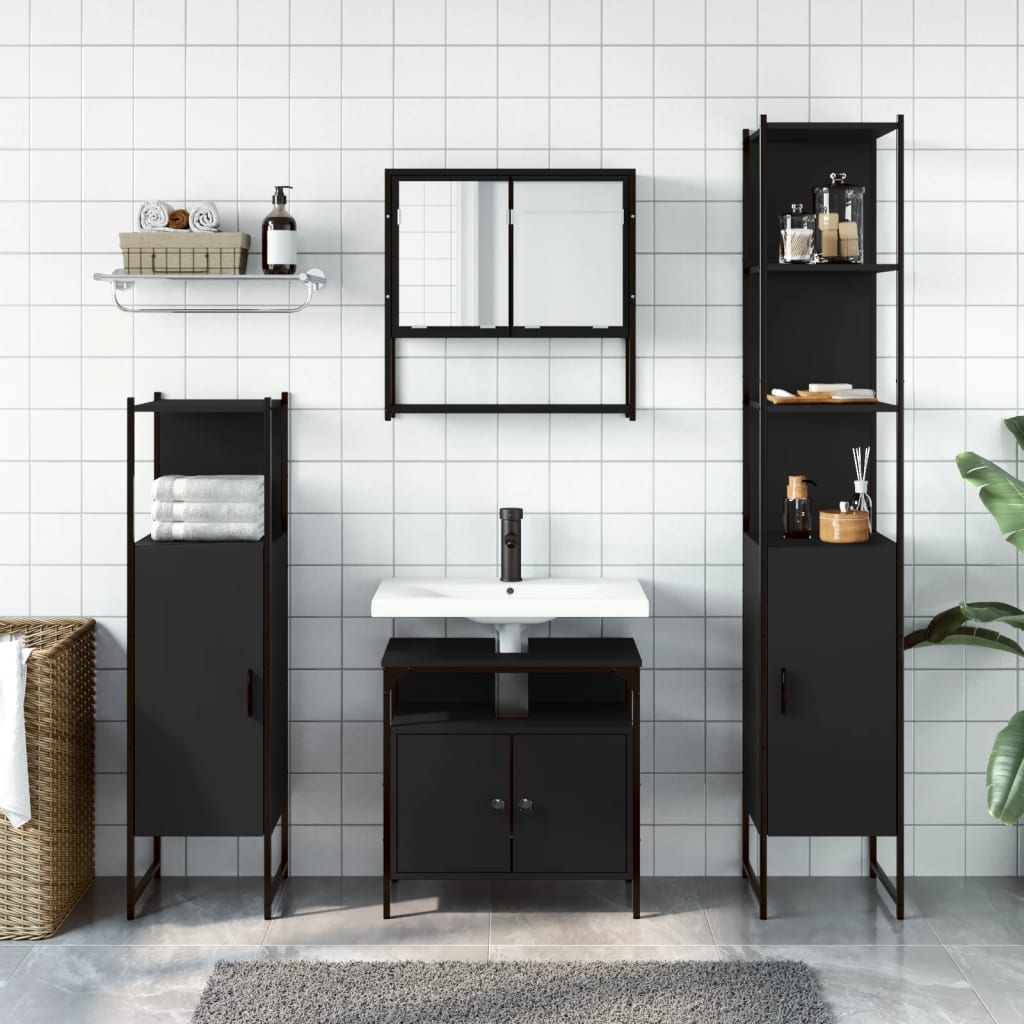 Set Mobili da Bagno 4 pz Nero in Legno Multistrato