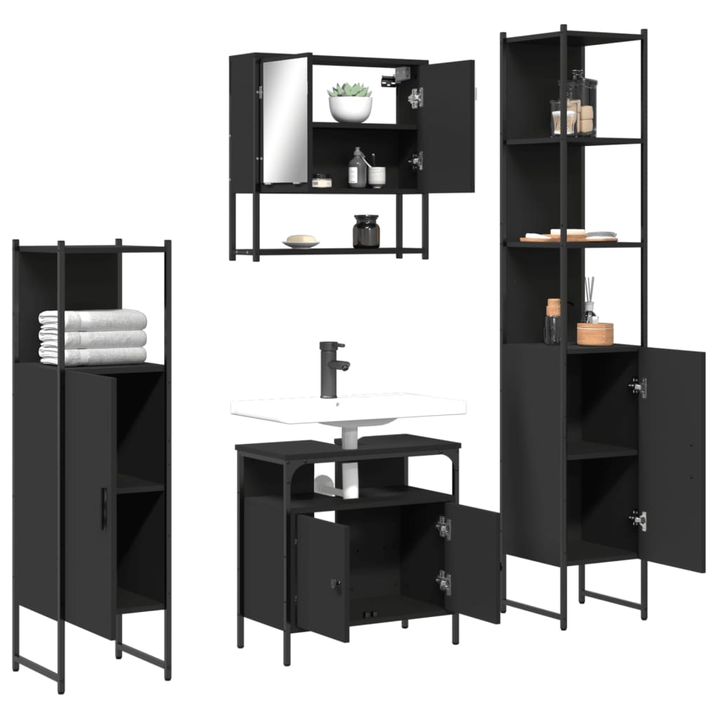 Set Mobili da Bagno 4 pz Nero in Legno Multistrato