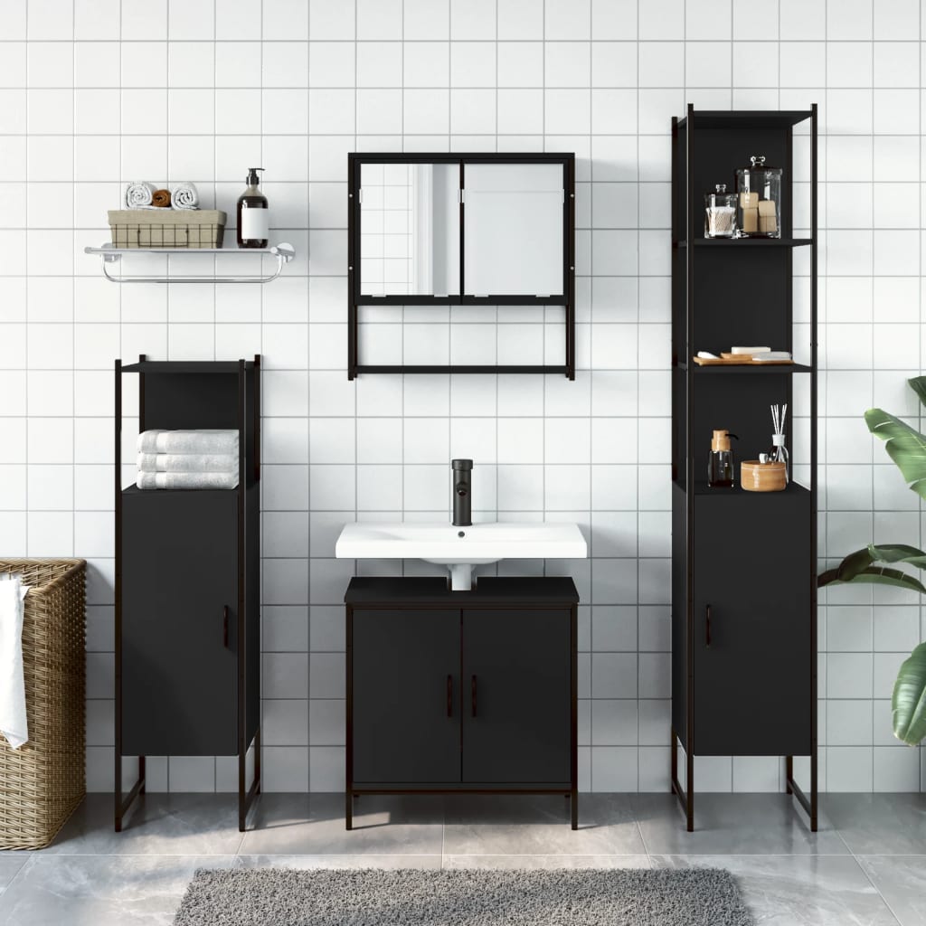 Set Mobili da Bagno 4 pz Nero in Legno Multistrato