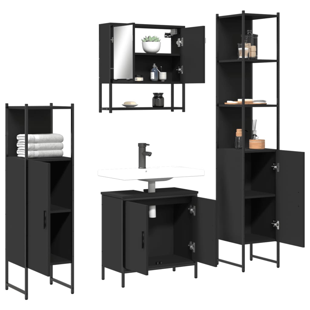 Set Mobili da Bagno 4 pz Nero in Legno Multistrato
