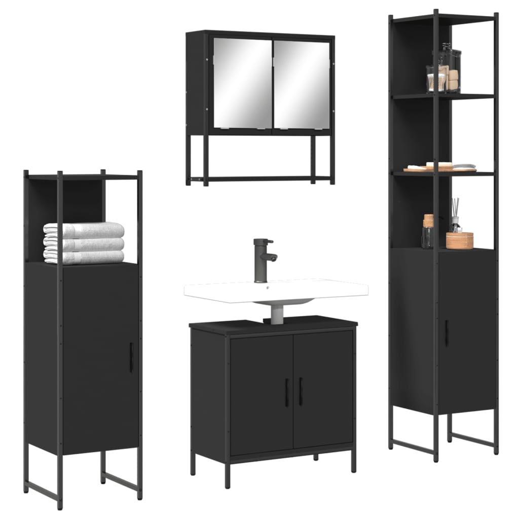 Set Mobili da Bagno 4 pz Nero in Legno Multistrato
