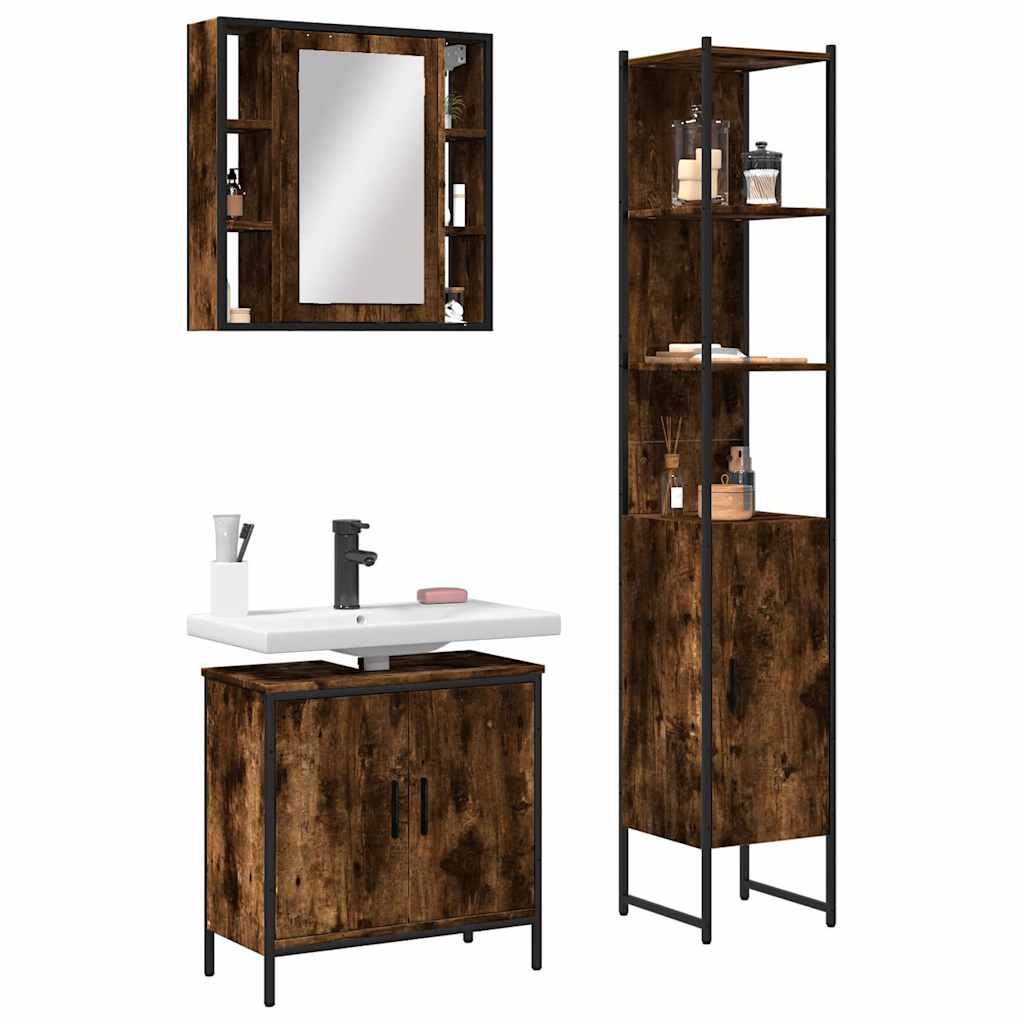 Set Mobili da Bagno 3 pz Rovere Fumo in Legno Multistrato