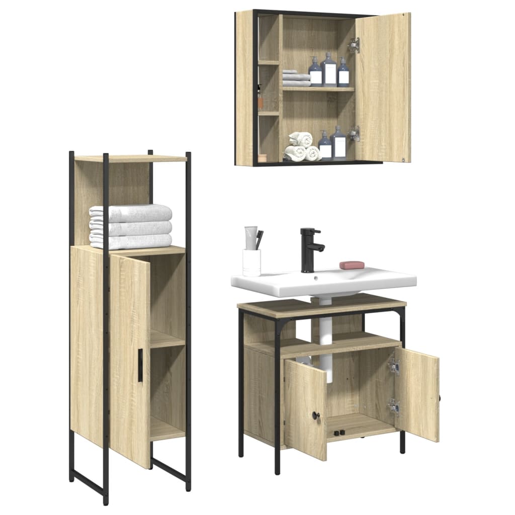 Set di Mobili da Bagno 3 pz Rovere Sonoma in Legno Multistrato