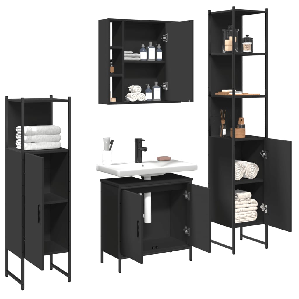 Set Mobili da Bagno 4 pz Nero in Legno Multistrato