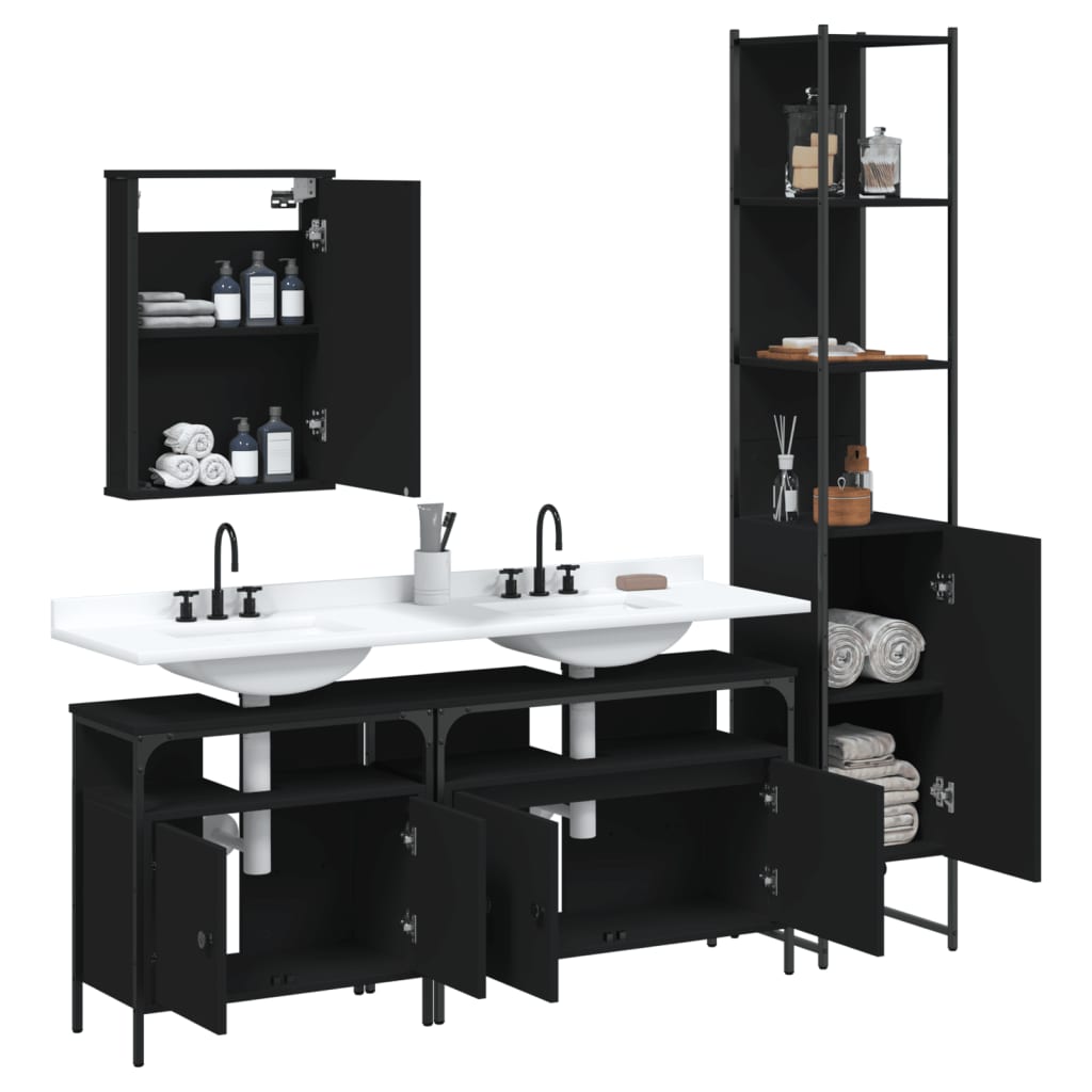 Set Mobili da Bagno 4 pz Nero in Legno Multistrato