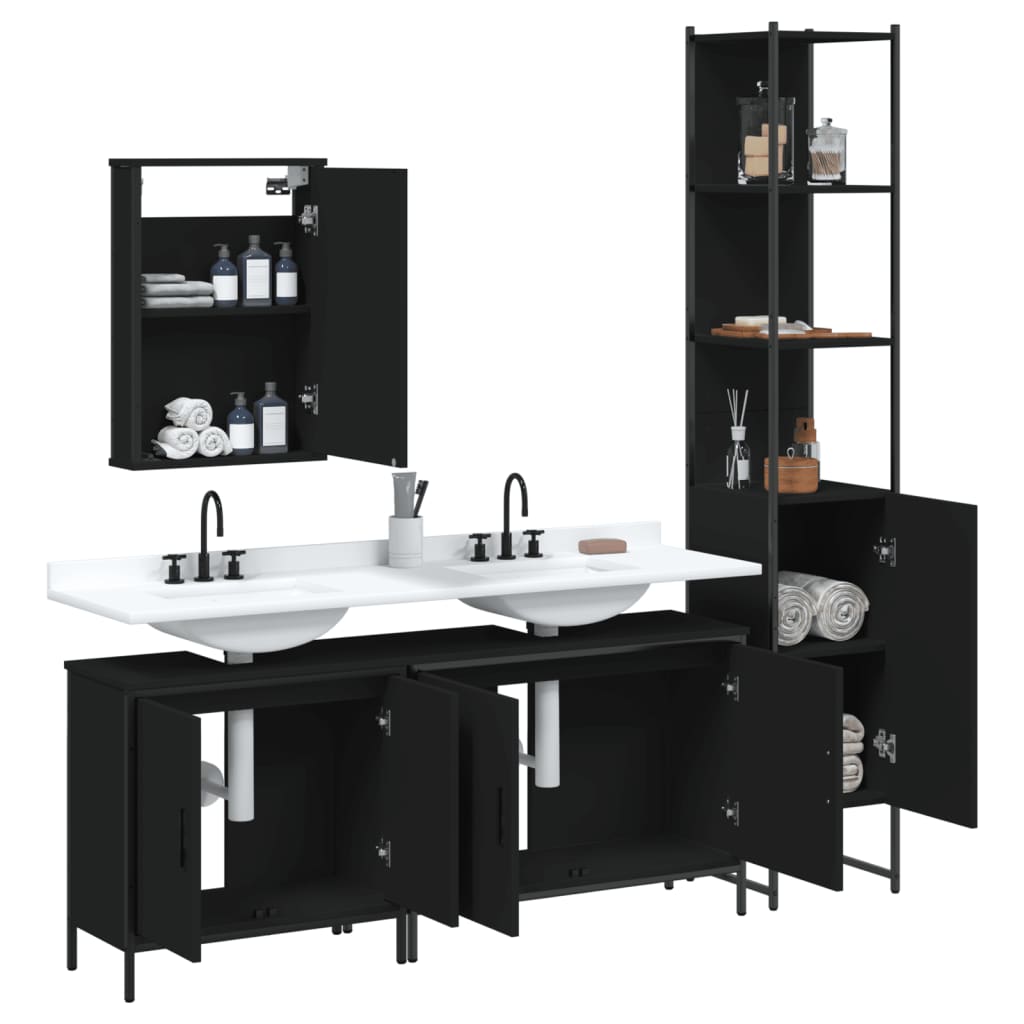 Set Mobili da Bagno 4 pz Nero in Legno Multistrato