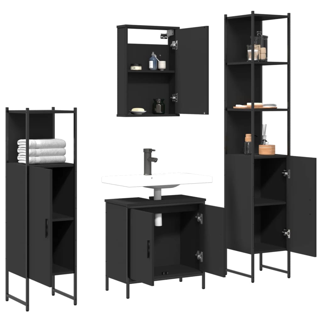 Set Mobili da Bagno 4 pz Nero in Legno Multistrato