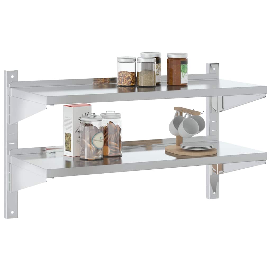 Mensola Muro 2 Ripiani 100x40x60cm Argento Acciaio Inossidabile
