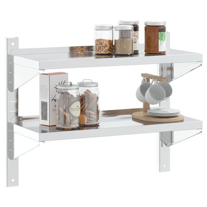 Mensola Muro 2 Ripiani 75x30x60cm Argento Acciaio Inossidabile
