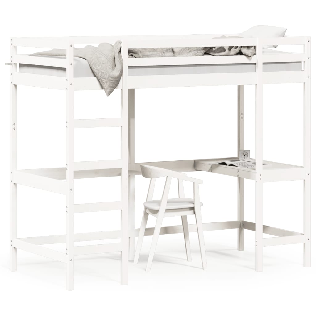 Letto Soppalco con Scrivania Bianco 100x200 cm Massello Pino