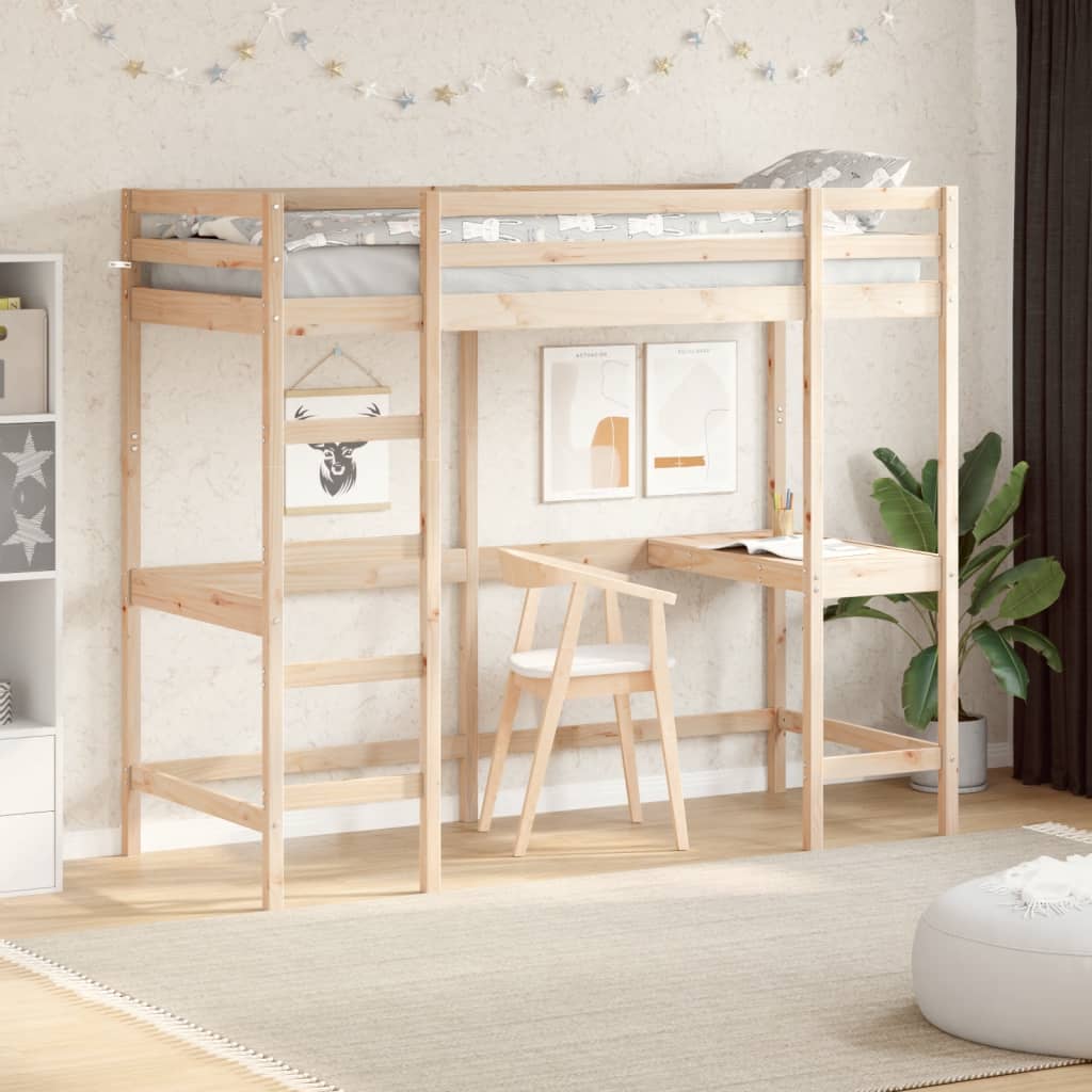 Letto Soppalco con Scrivania 80x200 cm Legno Massello Pino