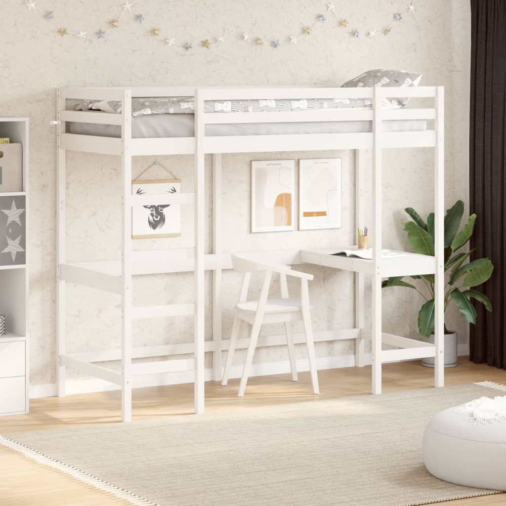 Letto Soppalco con Scrivania Bianco 80x200 cm Massello Pino