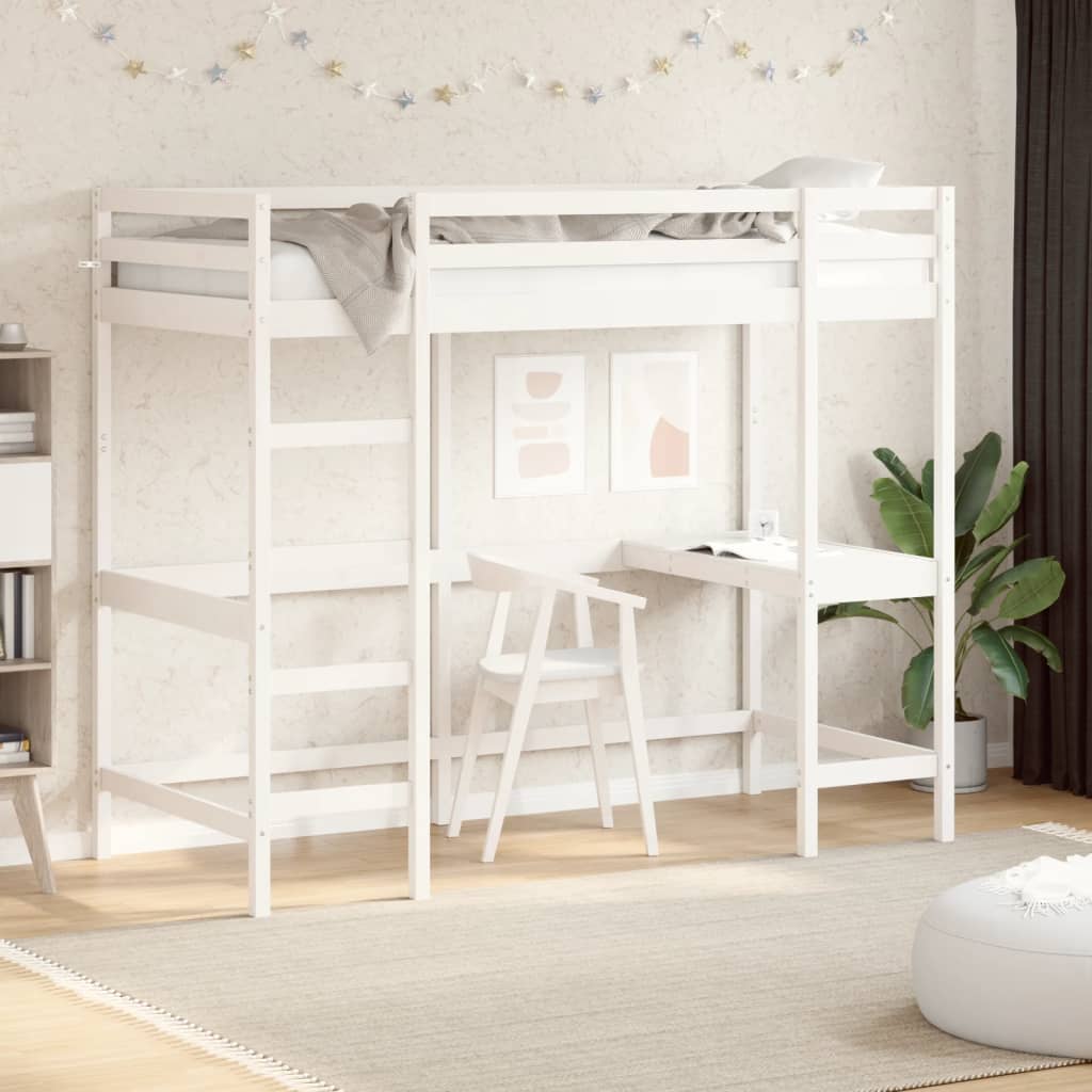 Letto Soppalco con Scrivania Bianco 90x190 cm Massello Pino