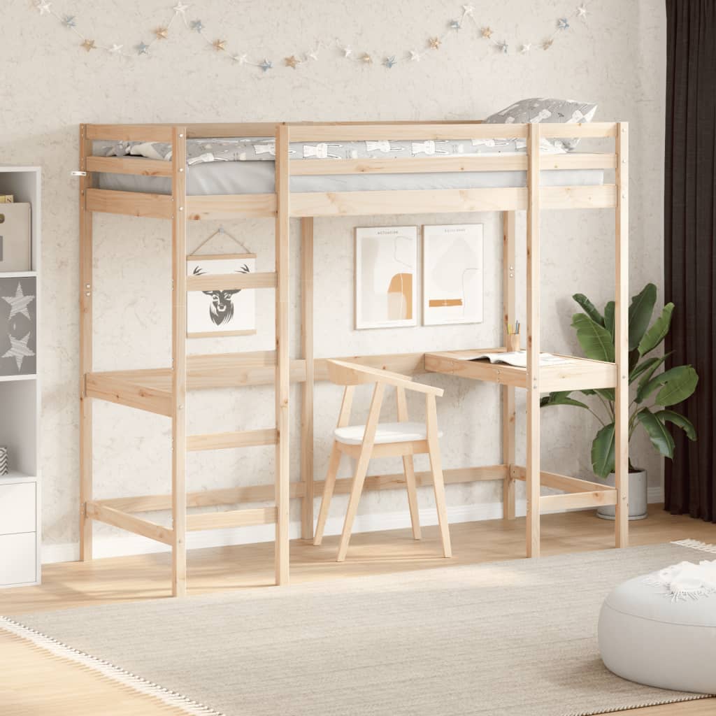 Letto Soppalco con Scrivania 75x190 cm Legno Massello Pino