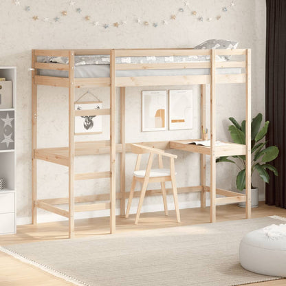 Letto Soppalco con Scrivania 75x190 cm Legno Massello Pino