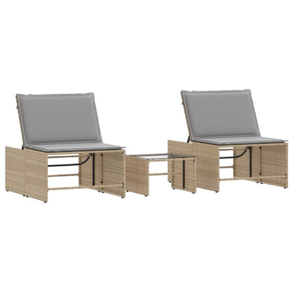 Lettini prendisole 2 pz con tavolo beige in polyrattan