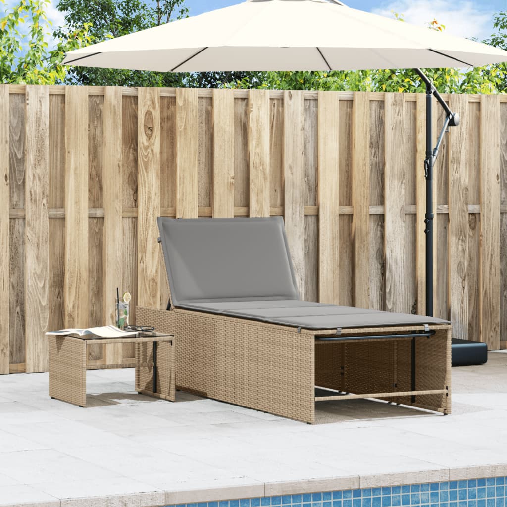 Lettini prendisole 2 pz con tavolo beige in polyrattan