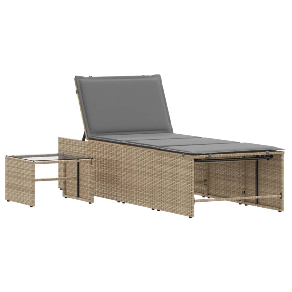 Lettini prendisole 2 pz con tavolo beige in polyrattan