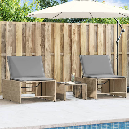 Lettini prendisole 2 pz con tavolo beige in polyrattan