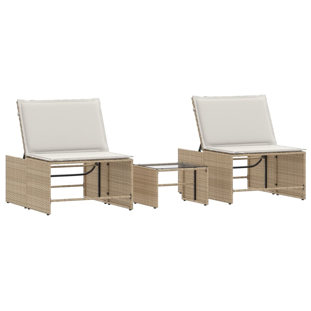 Lettini prendisole 2 pz con tavolo beige in polyrattan