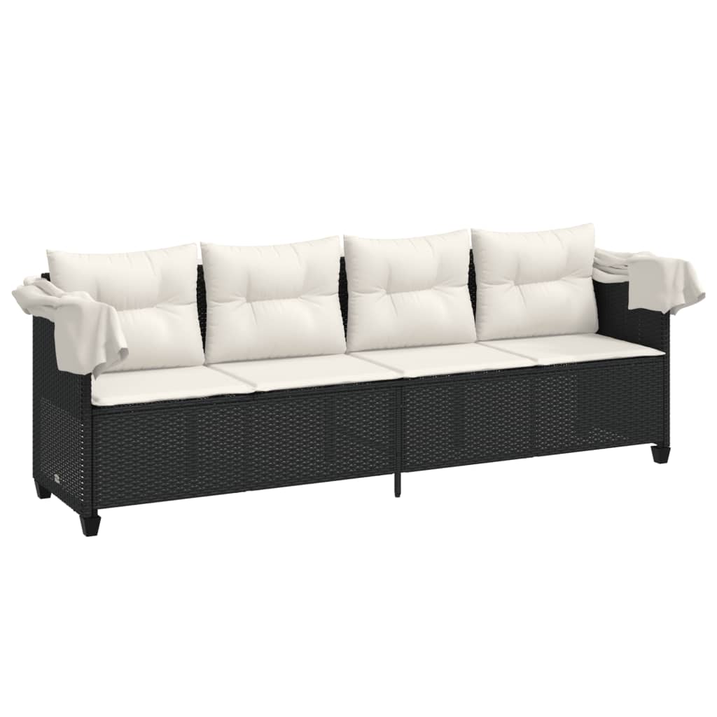 Lettino Prendisole con Baldacchino e Cuscini NeroÂ Polyrattan