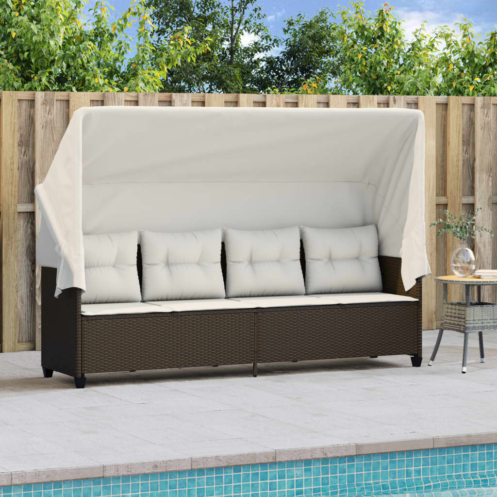 Lettino Prendisole con Baldacchino e Cuscini MarroneÃ‚Â Polyrattan