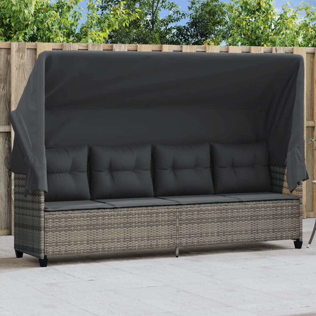 Lettino Prendisole con Baldacchino e Cuscini GrigioÃ‚Â Polyrattan