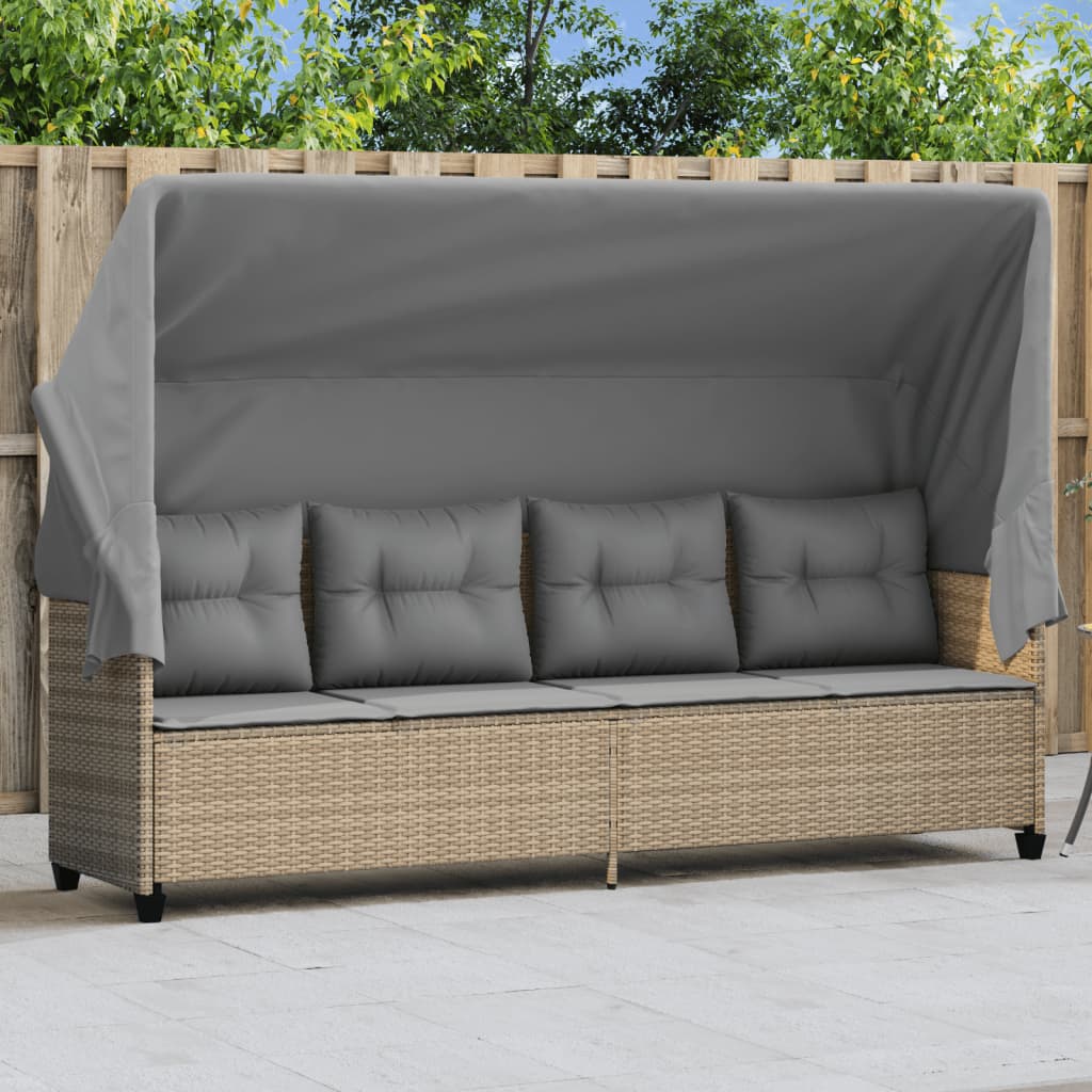 Lettino Prendisole con Baldacchino e Cuscini BeigeÂ Polyrattan