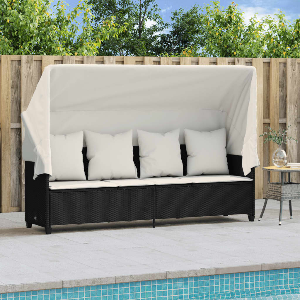 Lettino Prendisole con Baldacchino e Cuscini NeroÂ Polyrattan