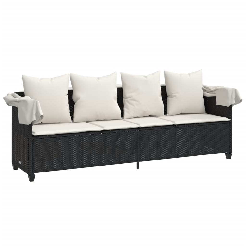 Lettino Prendisole con Baldacchino e Cuscini NeroÂ Polyrattan