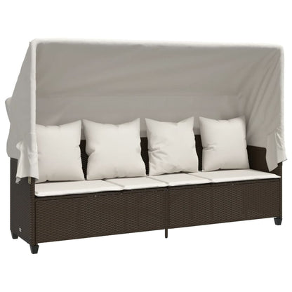 Lettino Prendisole con Baldacchino e Cuscini Marrone Polyrattan