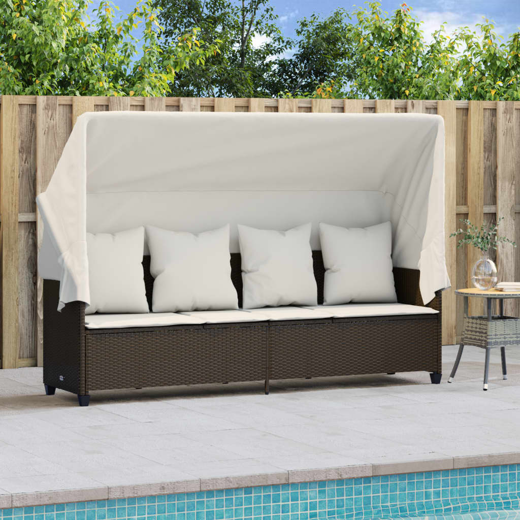 Lettino Prendisole con Baldacchino e Cuscini Marrone Polyrattan