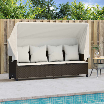 Lettino Prendisole con Baldacchino e Cuscini Marrone Polyrattan