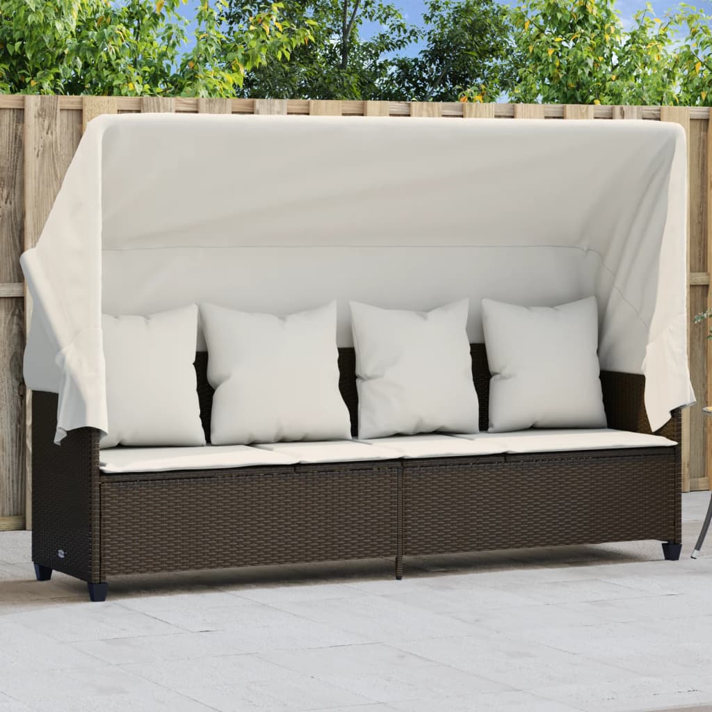 Lettino Prendisole con Baldacchino e Cuscini Marrone Polyrattan