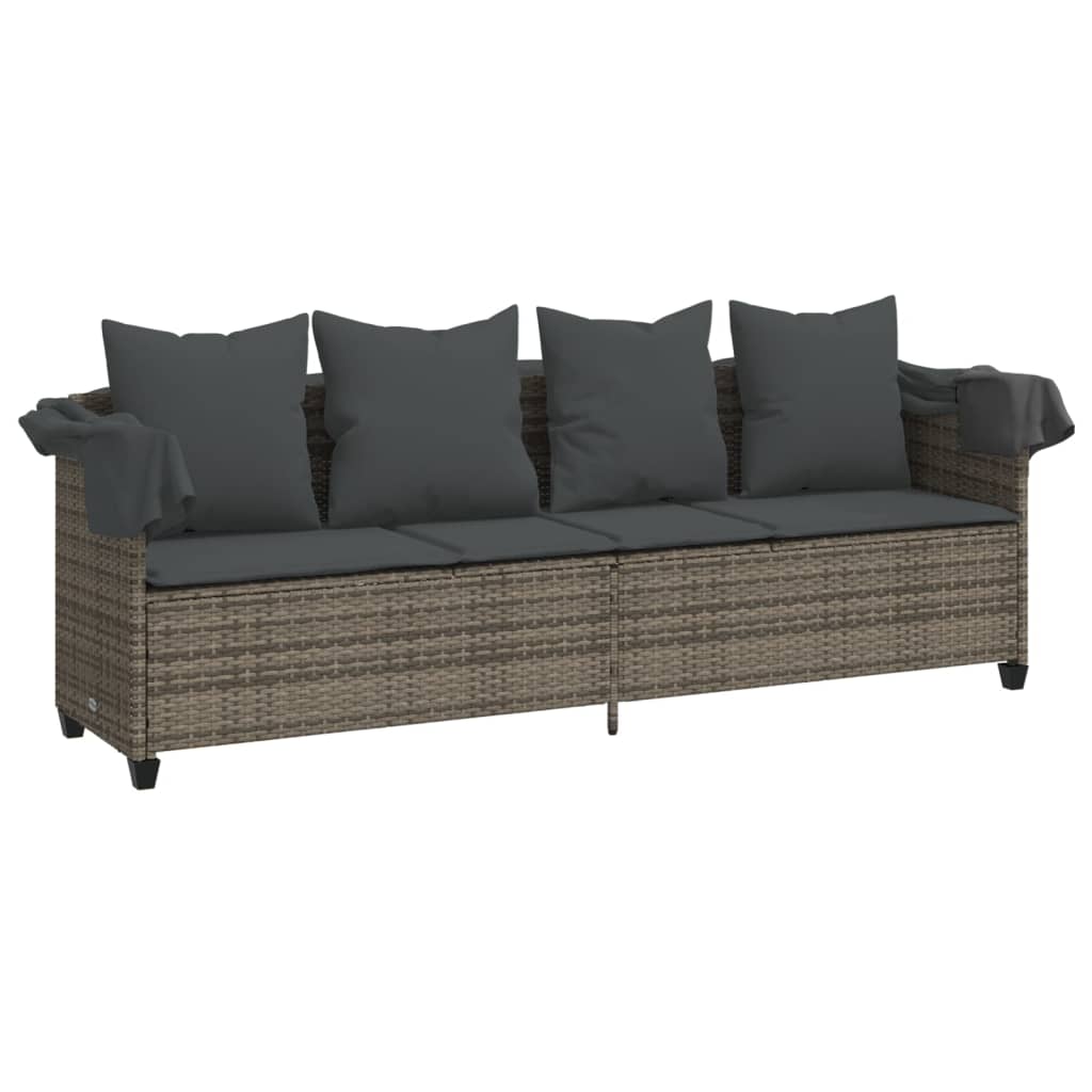 Lettino Prendisole con Baldacchino e Cuscini GrigioÃ‚Â Polyrattan