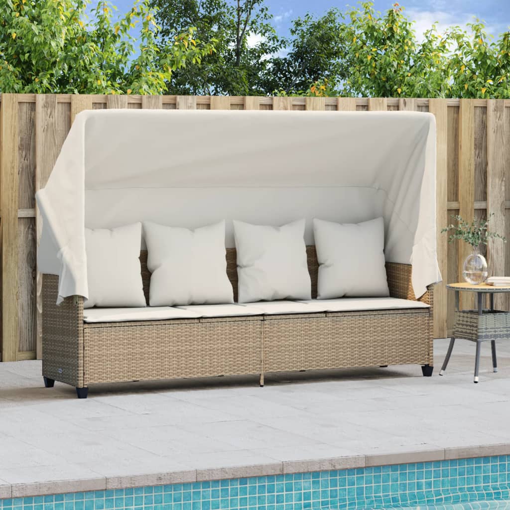 Lettino Prendisole con Baldacchino e Cuscini BeigeÂ Polyrattan