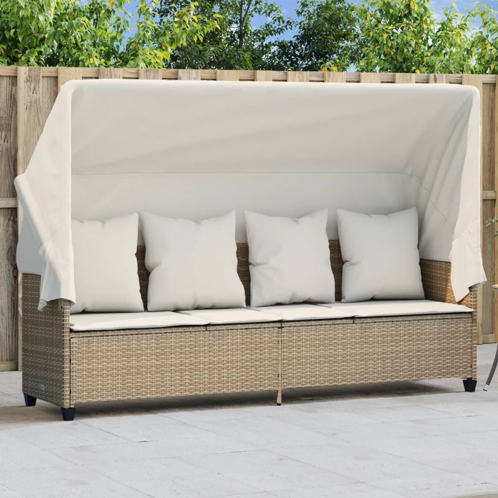 Lettino Prendisole con Baldacchino e Cuscini BeigeÂ Polyrattan