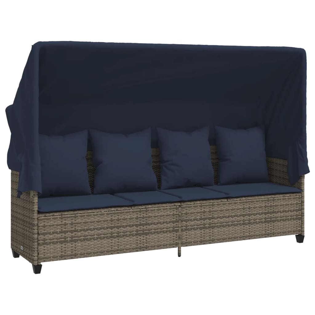 Lettino Prendisole con Baldacchino e Cuscini GrigioÂ Polyrattan